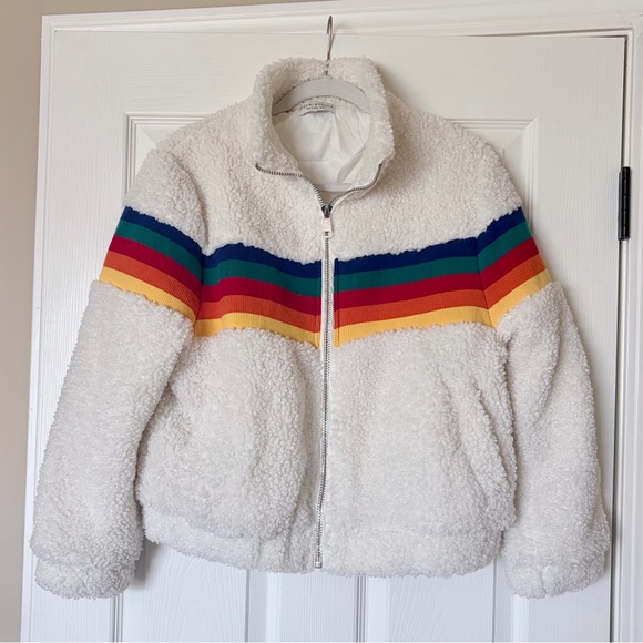 Paper Crane Jackets & Blazers - Paper Crane White Sherpa Jacket with Rainbow Stripes — Size Small 🌈